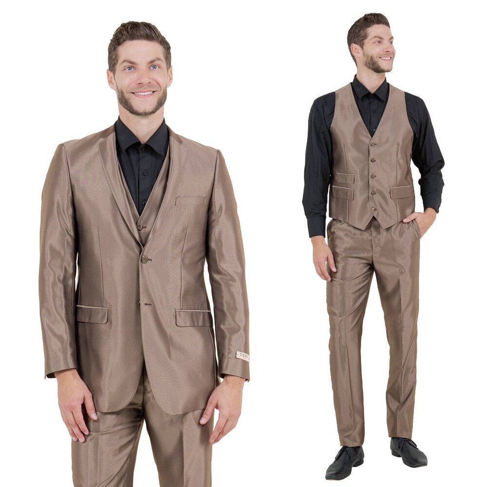 Dark Taupe Super Shiny Satin 3pc Mens Suit w/ Notch Lapel (Slim-Fit)